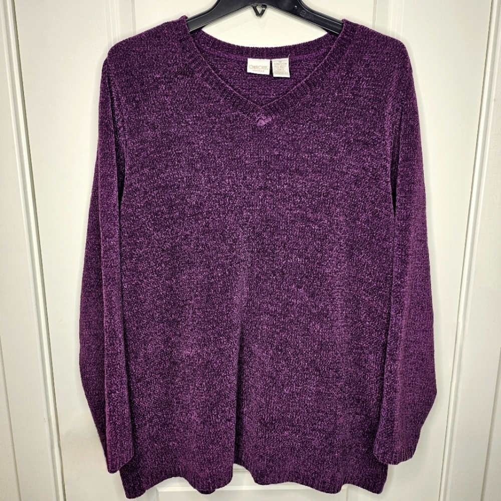 Cherokee Sweater Plus Size 1X Purple Chenille V-Neck Cozy Soft Plush Casual Warm - Picture 2 of 7